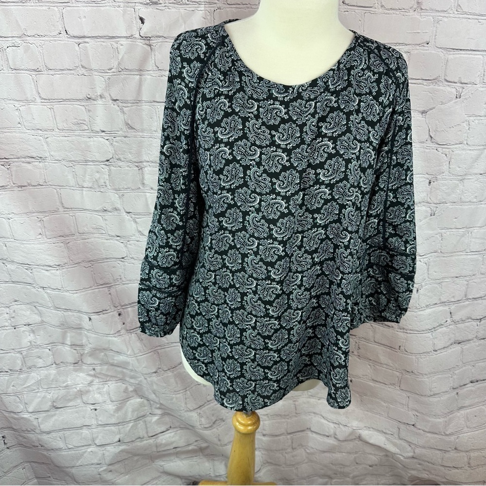 ann taylor LOFT paisley peasant blouse sz Medium dark navy classic office